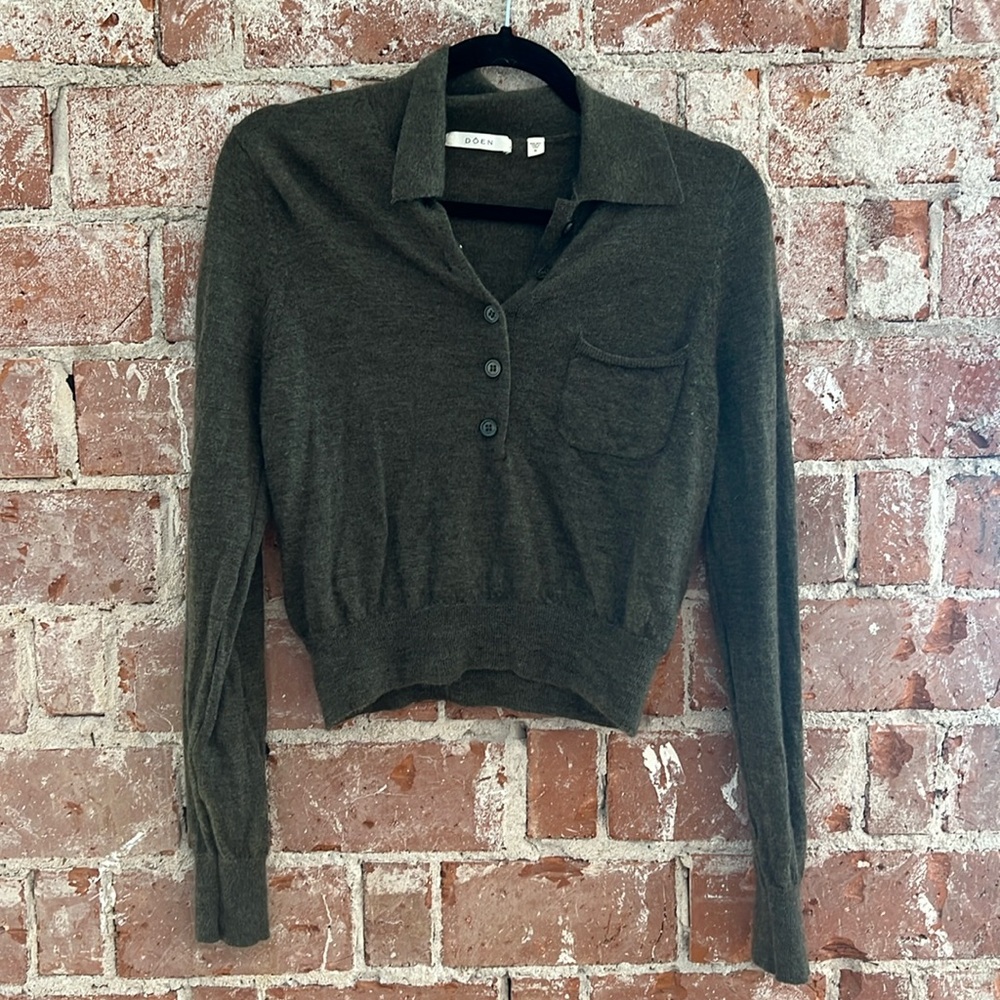 doen olive cashmere collared henley sweater
